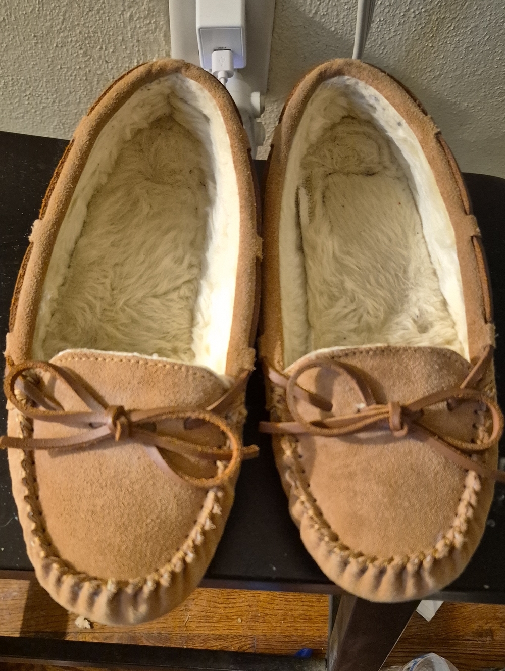 Chestnut Suede Moccasin Slippers with Faux Shearling Lining